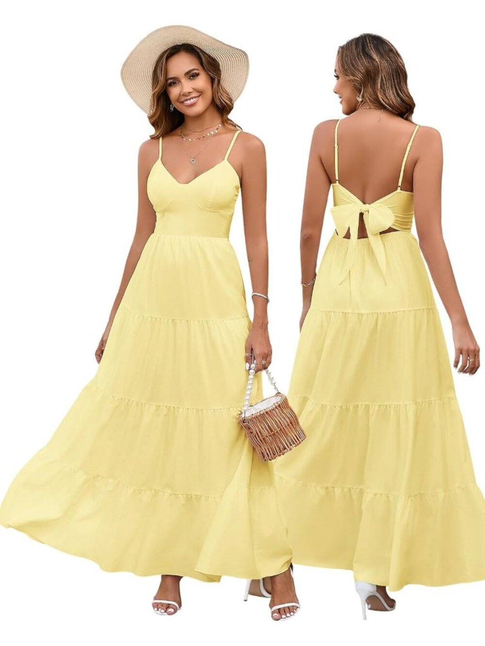 Women's Yellow Boho Floral Maxi V-Neck Backless Tie Strap Flowy Sundress